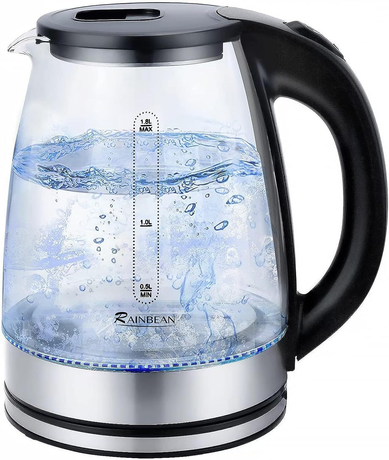 RAINBEAN Beach 1.8L Illuminated Glass Kettle 40869; Electric Water Boiler, Overheat Protection, Cordless, LED