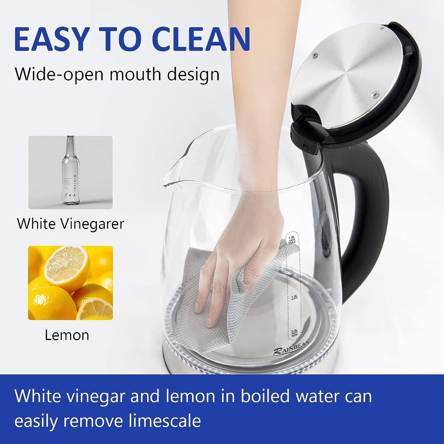 💥Summer Sale 50% OFF💥RAINBEAN Beach 1.8L Illuminated Glass Kettle 40869; Electric Water Boiler, Overheat Protection, Cordless, LED